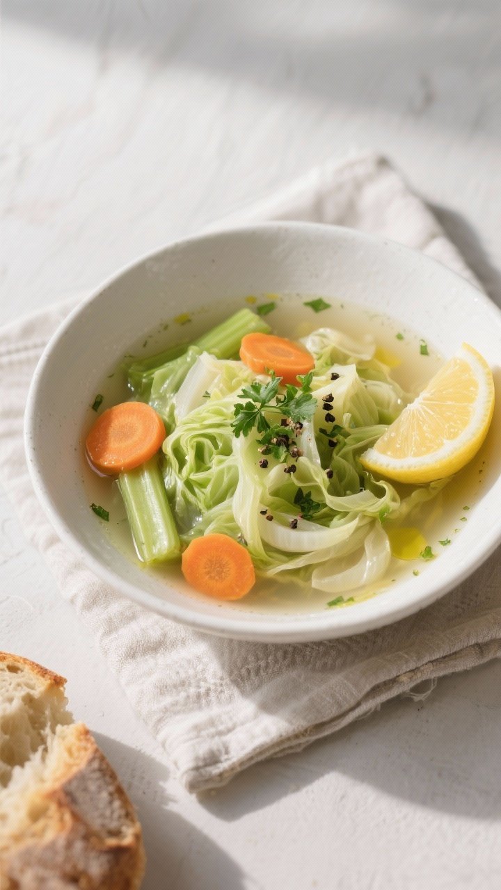 Final dish, tasty top view: Overhead shot of a bowl of simple cabbage soup, beautifully plated in a