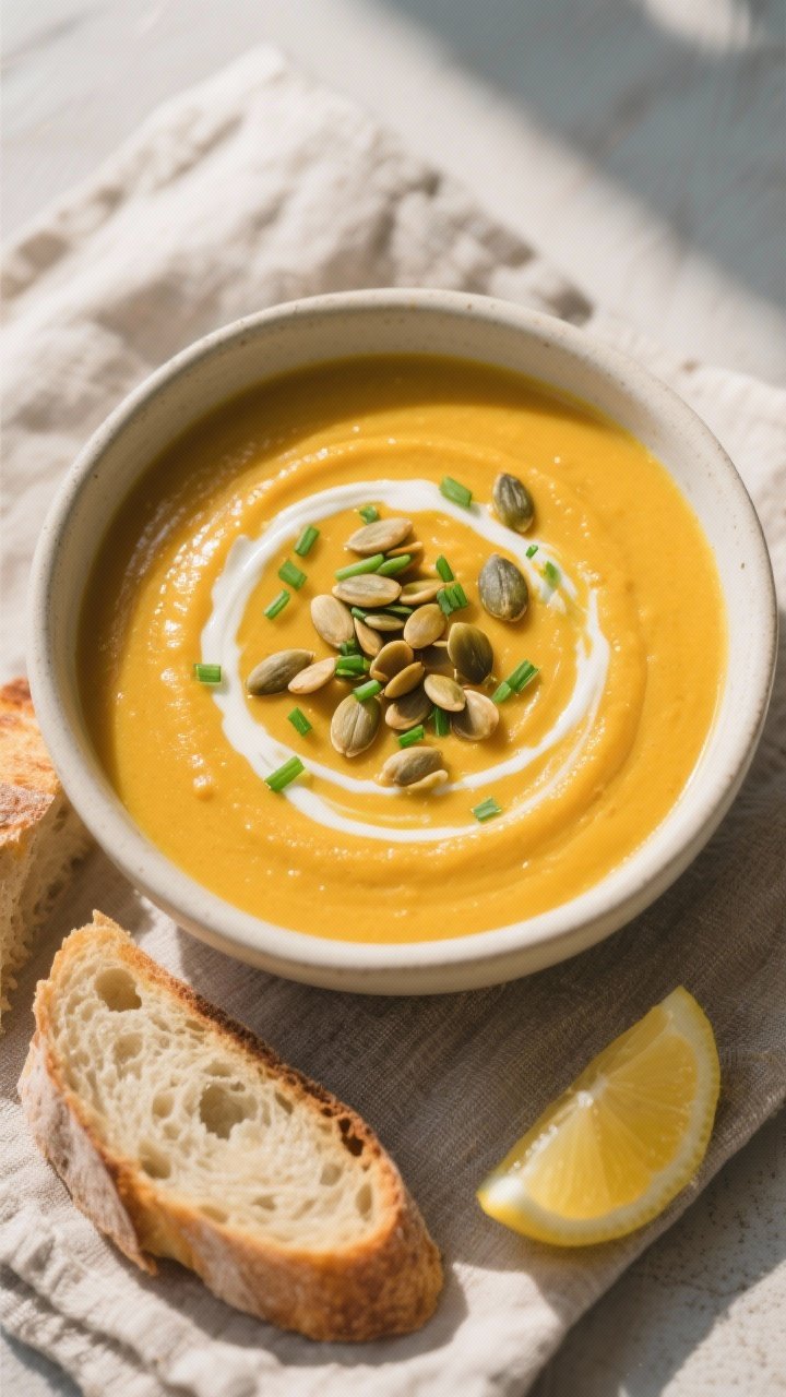 Final dish, tasty top view: Overhead shot of a bowl of velvety butternut squash soup, glossy and smo