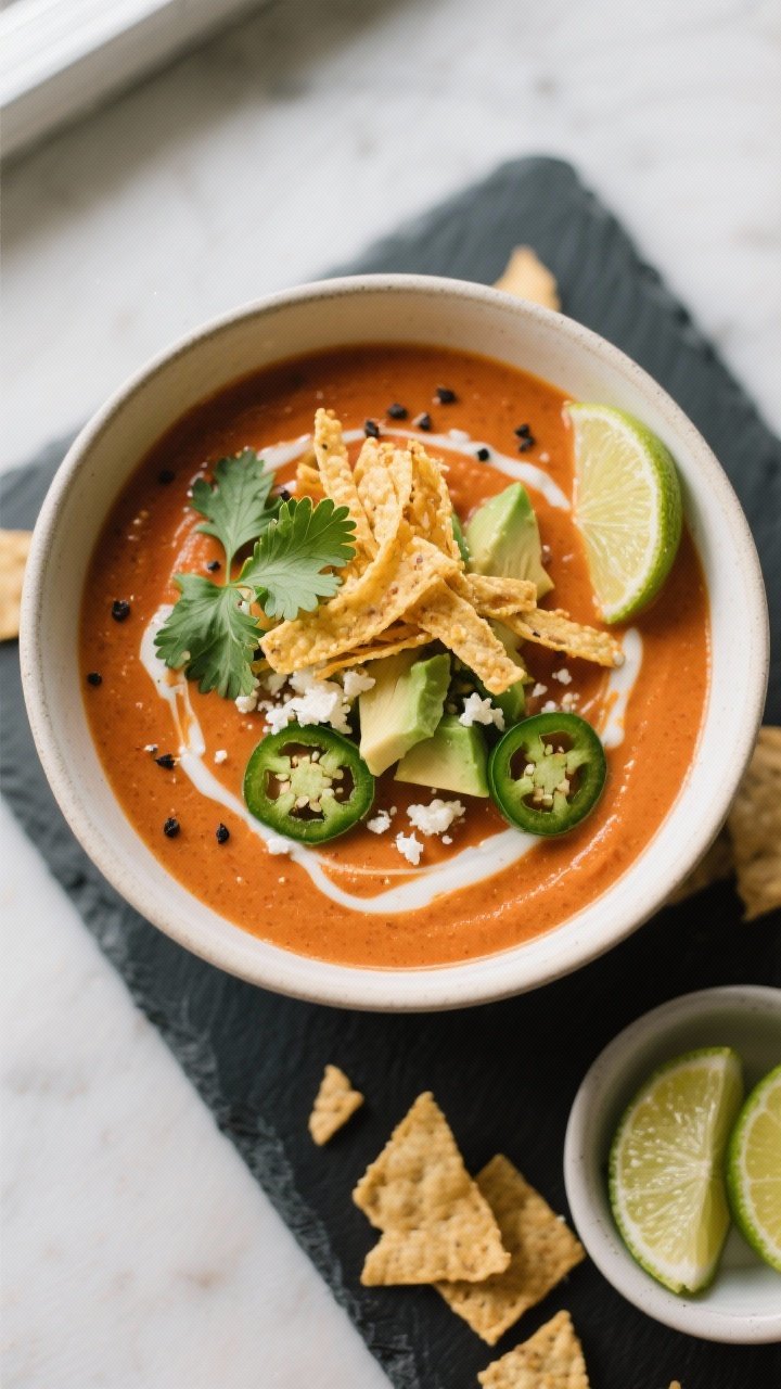 Final dish, tasty top view: Overhead shot of a bowl of Creamy Tomato Tortilla Soup, ultra-smooth and