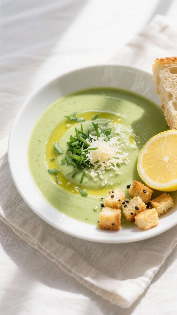 Final dish, tasty top view: Overhead shot of a bowl of silky Simple Zucchini Soup plated in a matte 