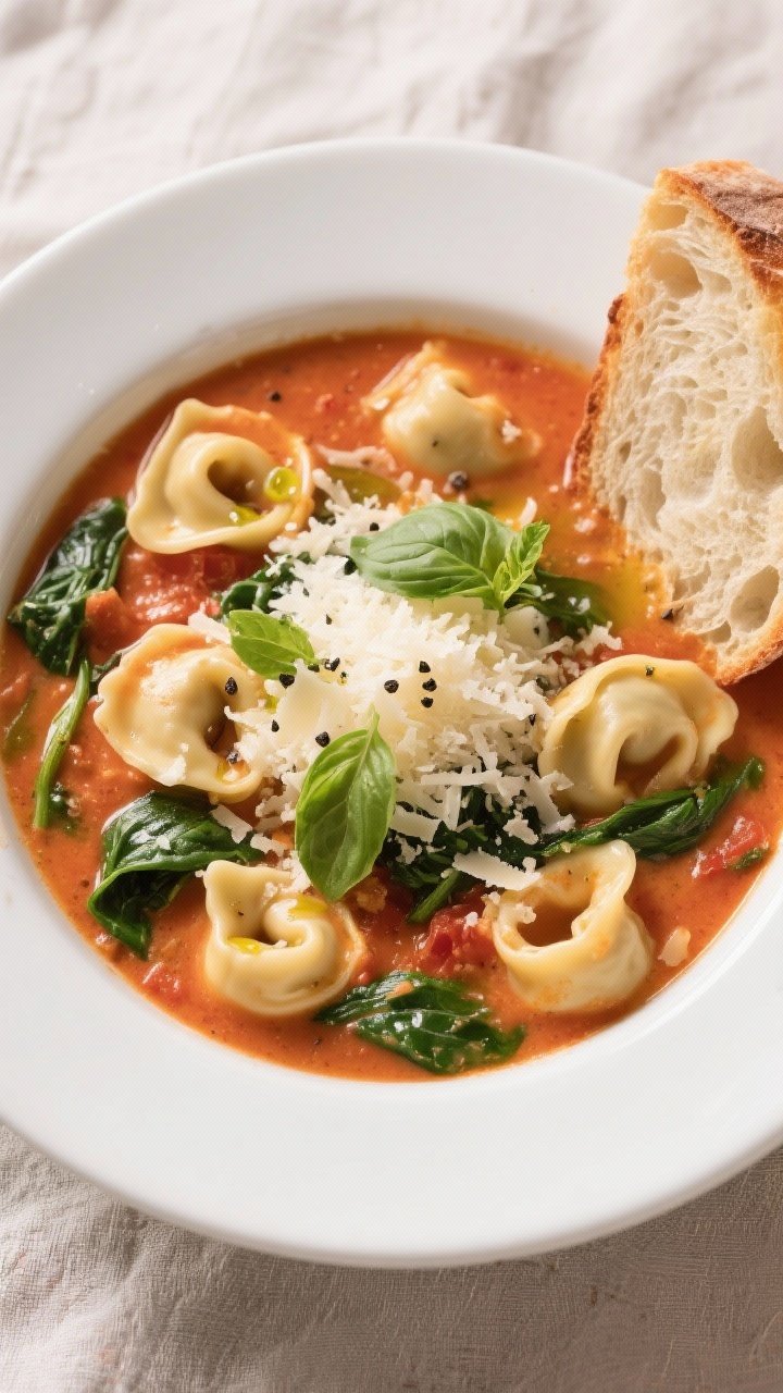 Final dish, tasty top view: Overhead shot of a bowl of Dump and Go Creamy Tortellini Soup plated for