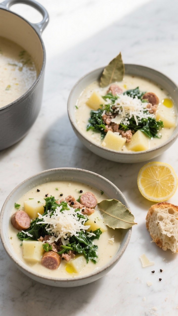 Final dish, tasty top view: Overhead shot of a creamy sausage and potato soup ladled into matte cera