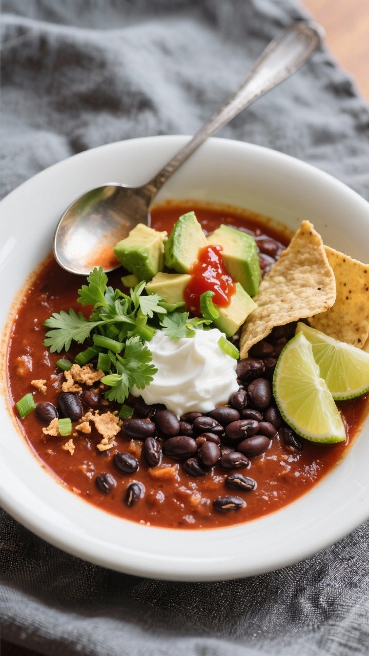 Final dish, tasty top view: Overhead shot of a finished bowl of Spicy Black Bean Soup served in a wi
