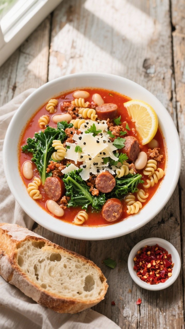 Final dish, tasty top view: Overhead shot of a generously filled bowl of Easy Italian Sausage Soup, 