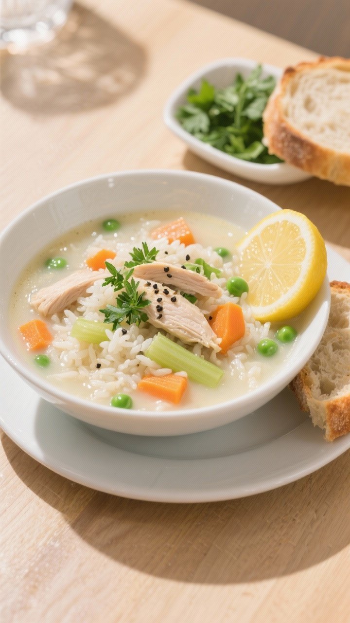 Final dish, tasty top view: Overhead shot of a generously filled white ceramic bowl of creamy chicke