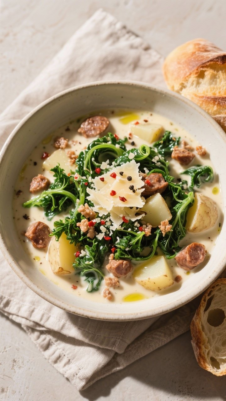 Final dish, tasty top view: Overhead shot of a generous bowl of creamy Zuppa Toscana, the broth silk