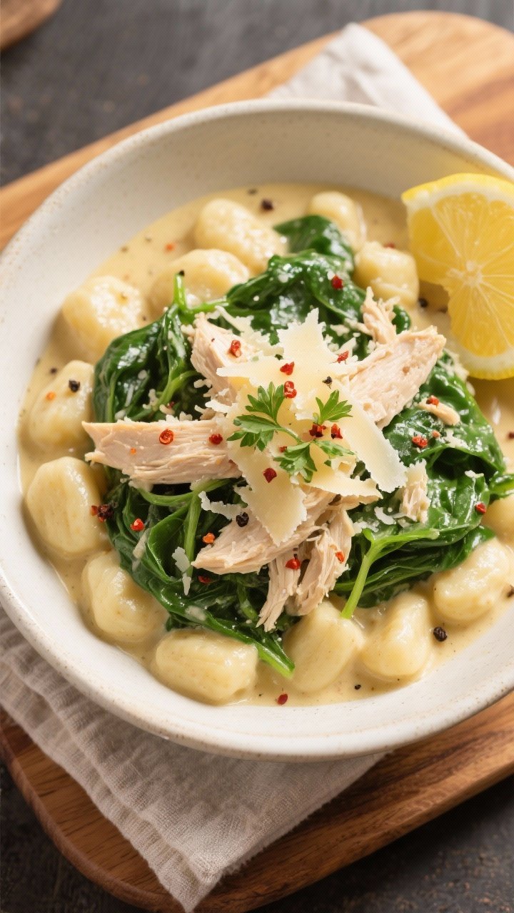 Final dish, tasty top view: Overhead shot of a hearty bowl of creamy chicken gnocchi, gnocchi nestle