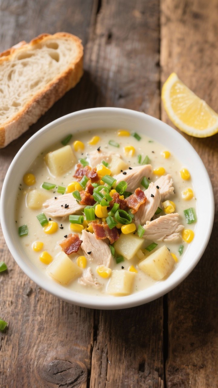 Final dish, tasty top view: Overhead shot of a hearty bowl of Creamy Chicken and Corn Chowder, luxur