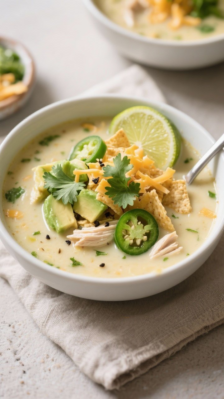Final dish, tasty top view: Overhead shot of a ladled bowl of White Chicken Chili Soup, ultra-creamy