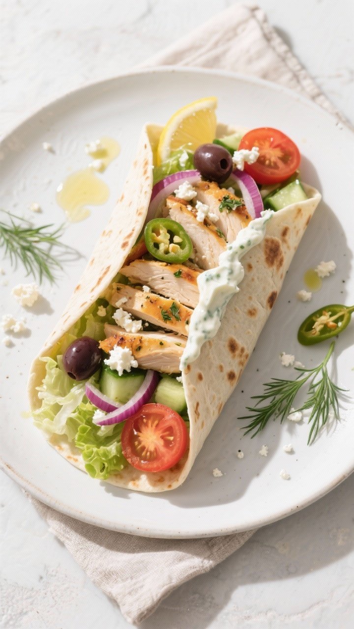 Final dish, tasty top view: Overhead shot of a neatly sliced Greek Chicken Meal Prep Wrap on a white