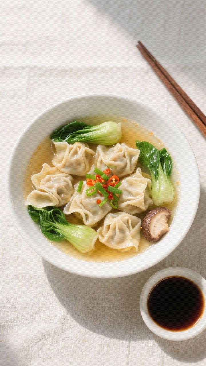 Final dish, tasty top view: Overhead shot of a restaurant-quality bowl of Easy Wonton Soup—8 plump