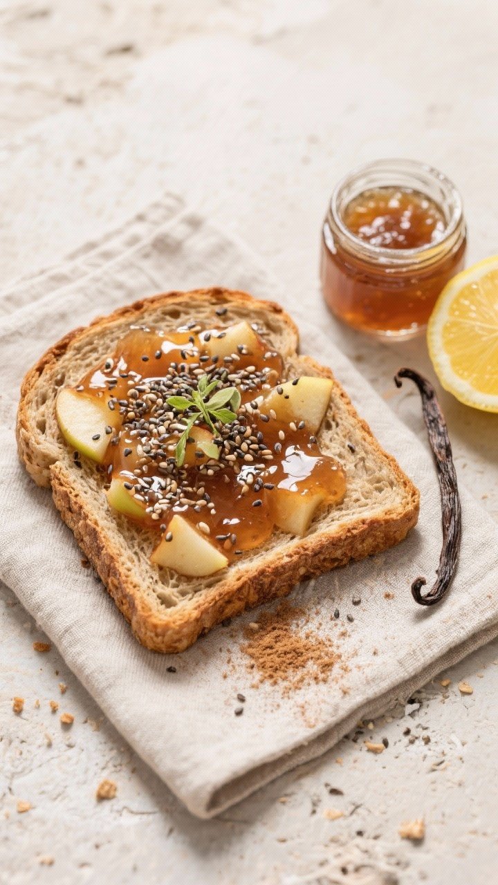 Final dish, tasty top view: Overhead shot of a rustic slice of whole-grain toast generously spread w