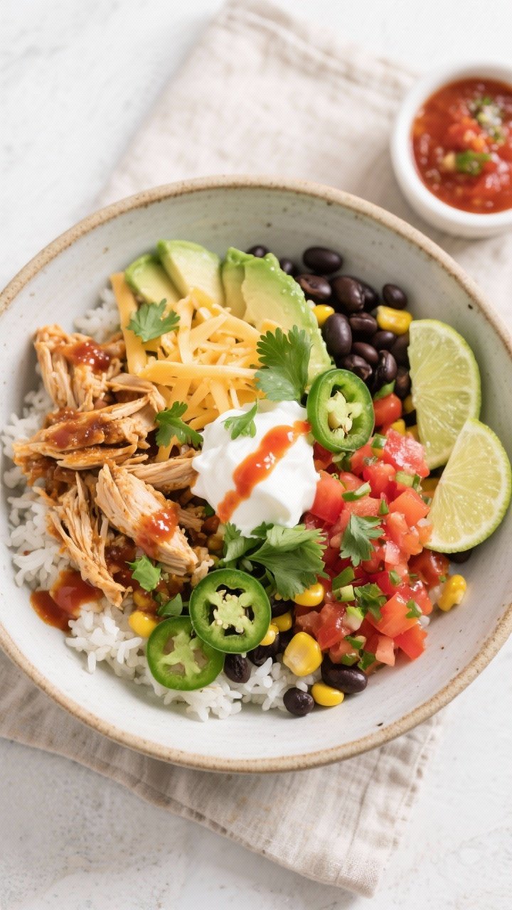 Final dish, tasty top view: Overhead shot of a vibrant chicken burrito bowl—fluffy white rice base