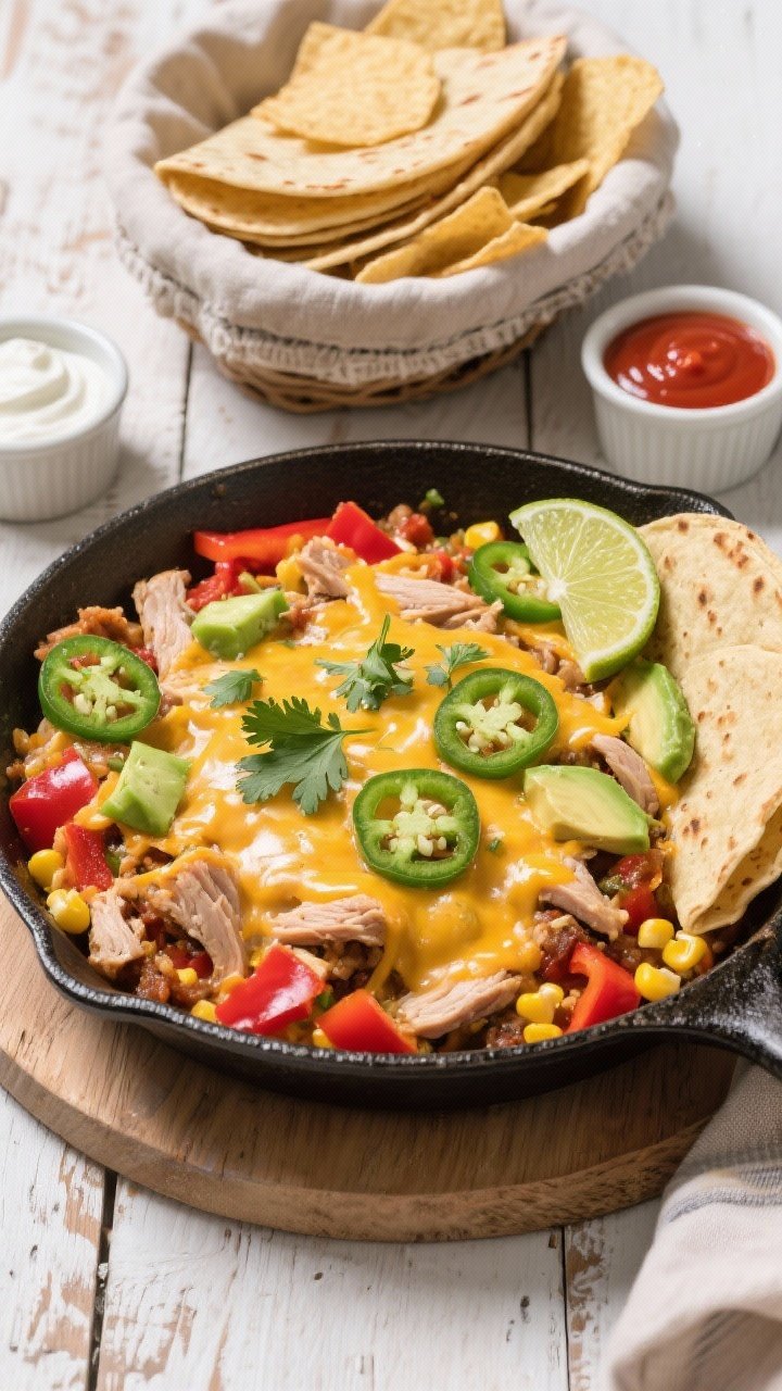 Final dish, tasty top view: Overhead shot of a vibrant turkey taco skillet served family-style in th