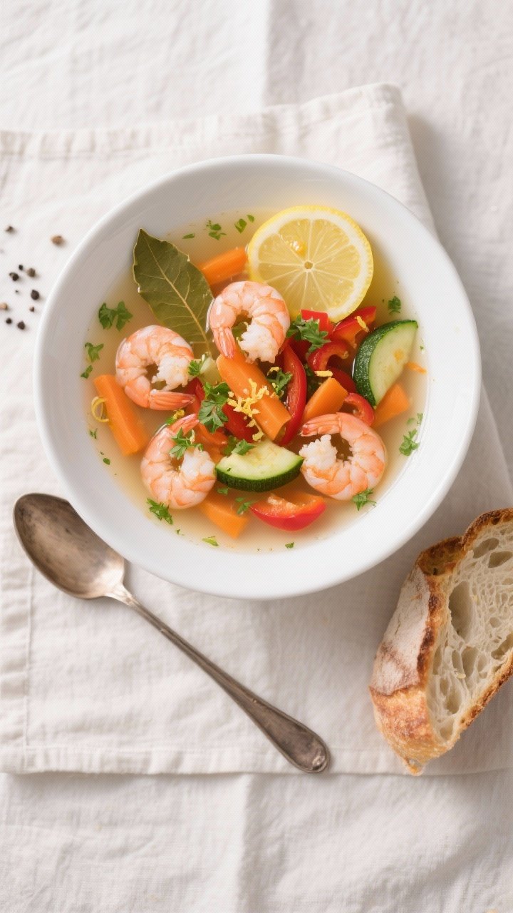 Final dish, tasty top view: Overhead shot of a white shallow bowl filled with Easy Shrimp and Vegeta