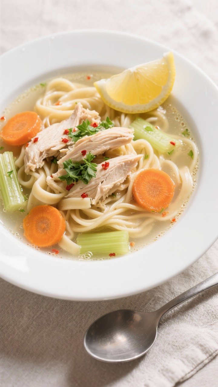 Final dish, tasty top view: Overhead shot of a white shallow bowl of chicken noodle soup with wide e