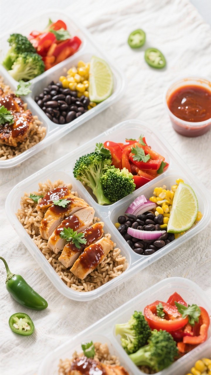Final dish, tasty top view: Overhead shot of assembled BBQ Chicken Meal Prep Bowls—neatly divided 