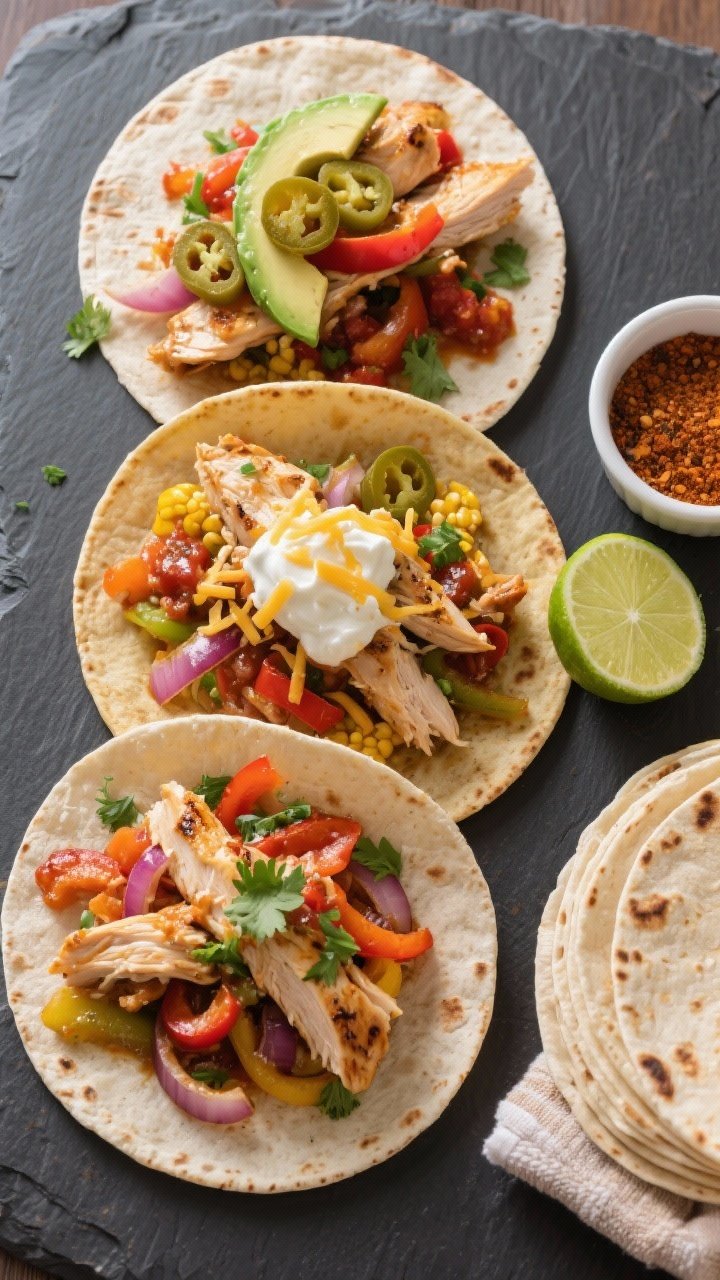 Final dish, tasty top view: Overhead shot of assembled chicken fajitas on a warm tortilla trio—one
