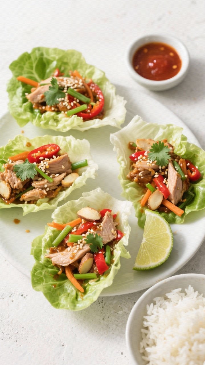 Final dish, tasty top view: Overhead shot of assembled turkey lettuce wraps on a matte white platter