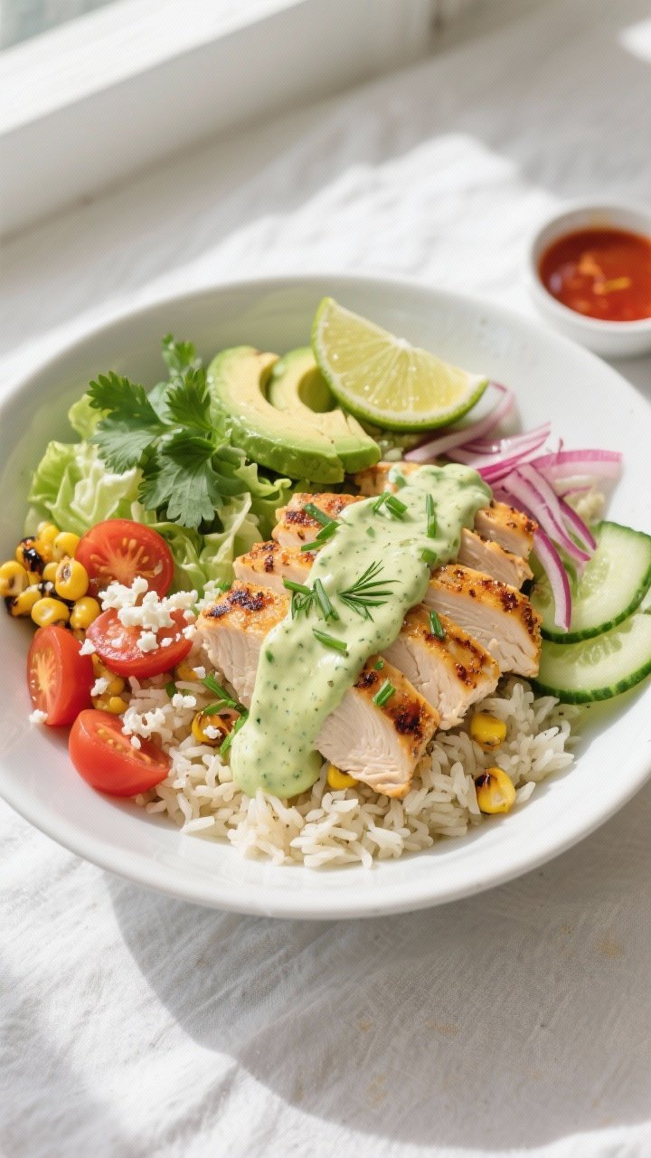 Final dish, tasty top view: Overhead shot of Avocado Ranch Chicken Bowl artfully arranged in a wide 