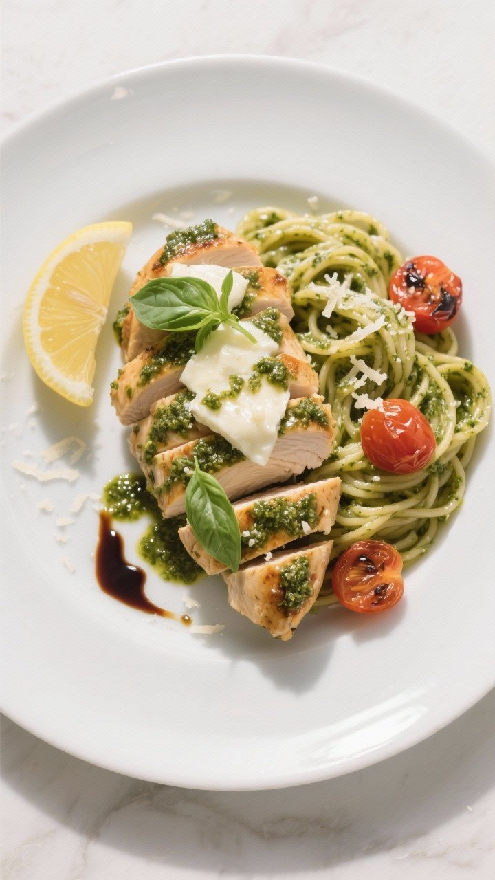Final dish, tasty top view: Overhead shot of beautifully plated pesto chicken breasts on a wide whit
