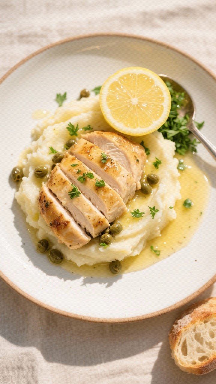 Final dish, tasty top view: Overhead shot of beautifully plated Lemon Garlic Butter Chicken Breasts,