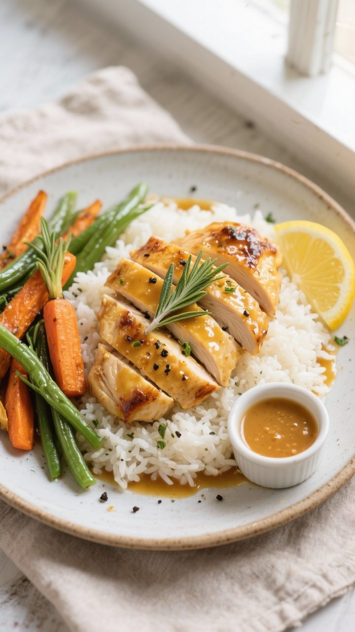 Final dish, tasty top view: Overhead shot of beautifully plated Dump-and-Go Honey Mustard Chicken sl