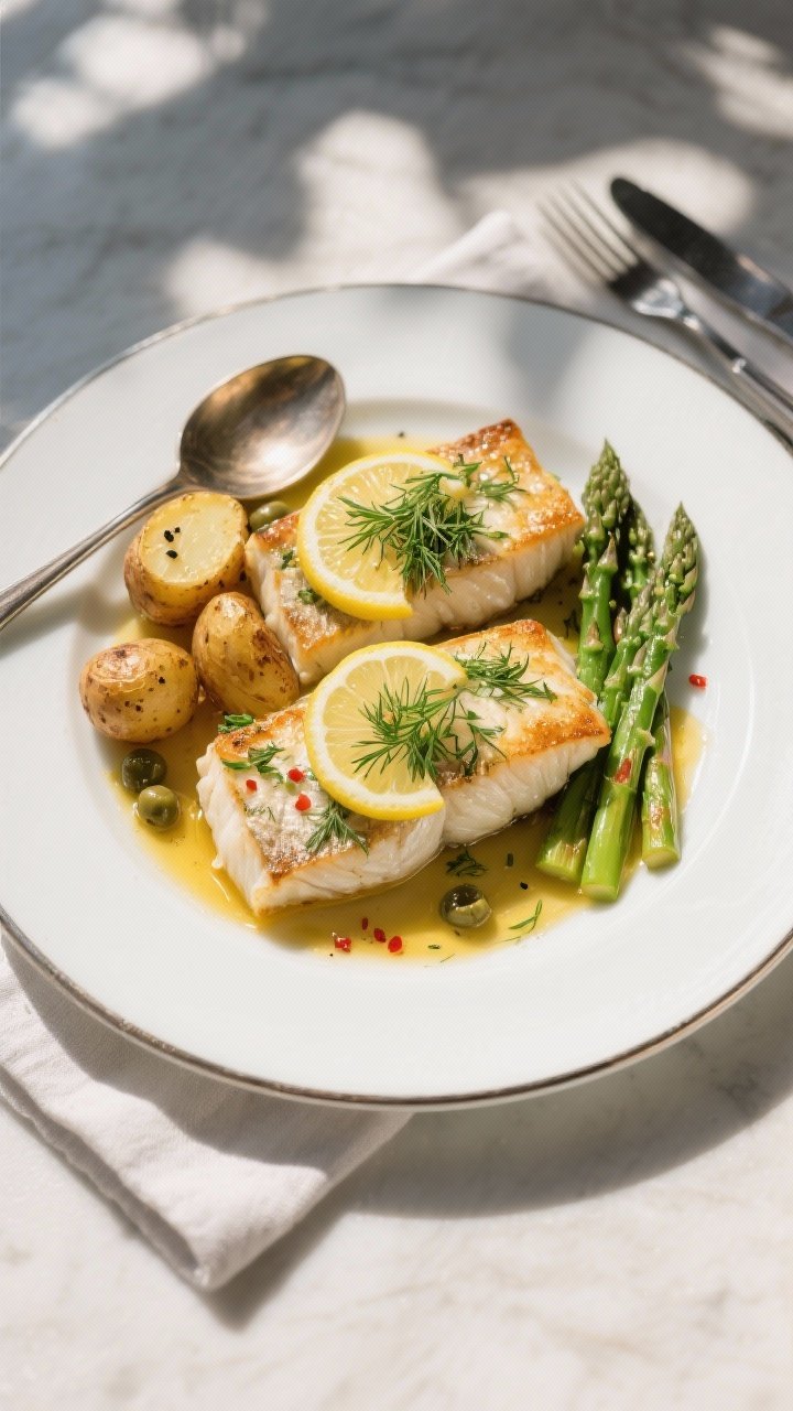 Final dish, tasty top view: Overhead shot of beautifully plated Baked Cod with Lemon & Dill—two fl