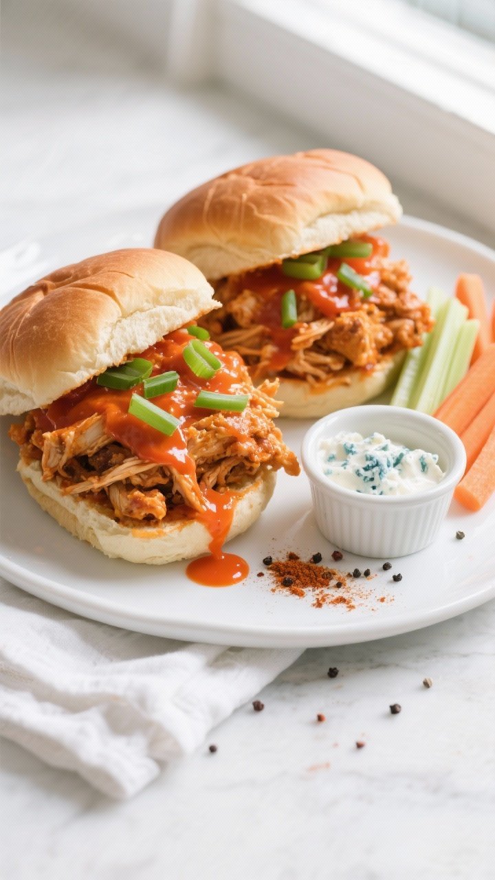 Final dish, tasty top view: Overhead shot of Buffalo chicken sandwiches—pillowy toasted brioche bu