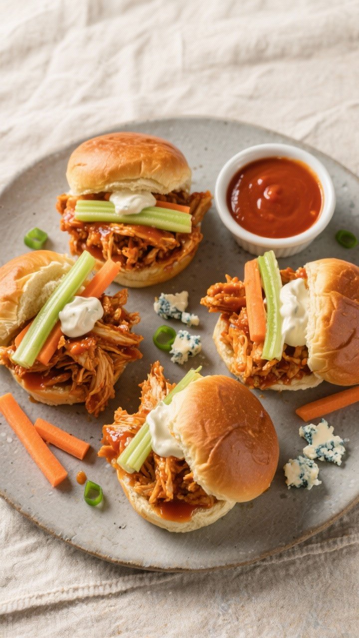 Final dish, tasty top view: Overhead shot of Buffalo chicken sliders on toasted brioche buns, genero