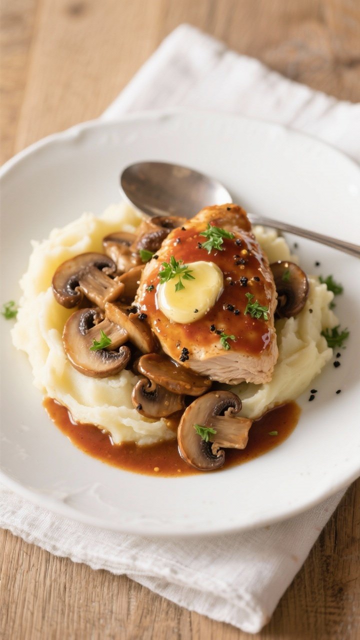 Final dish, tasty top view: Overhead shot of Chicken and Mushroom Marsala spooned over buttery mashe