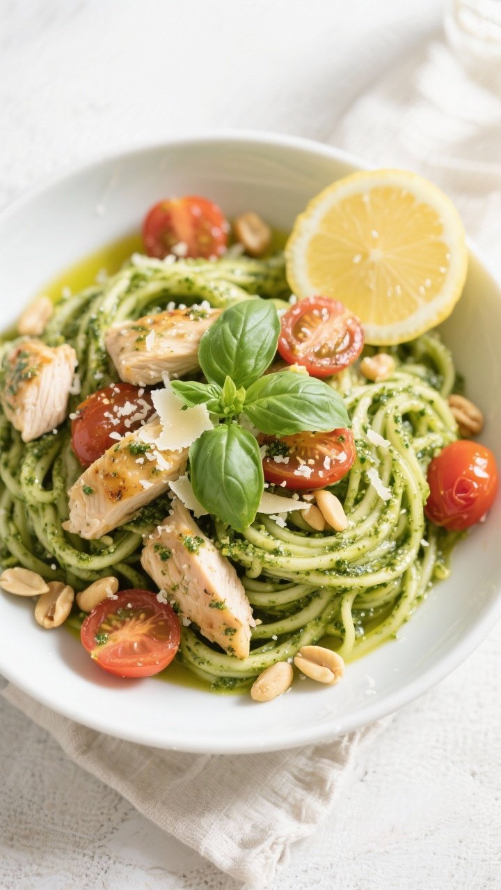 Final dish, tasty top view: Overhead shot of Chicken Pesto Zoodle Bowls twirled into neat nests, coa