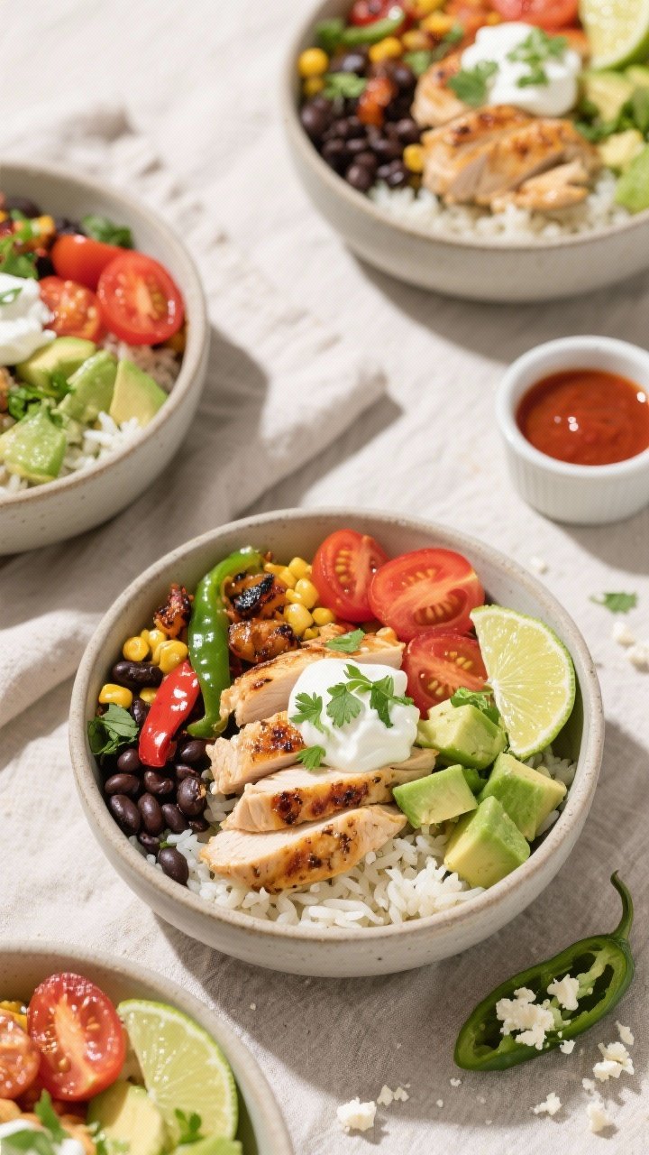 Final dish, tasty top view: Overhead shot of Chili Lime Chicken Bowls arranged for meal prep and ser