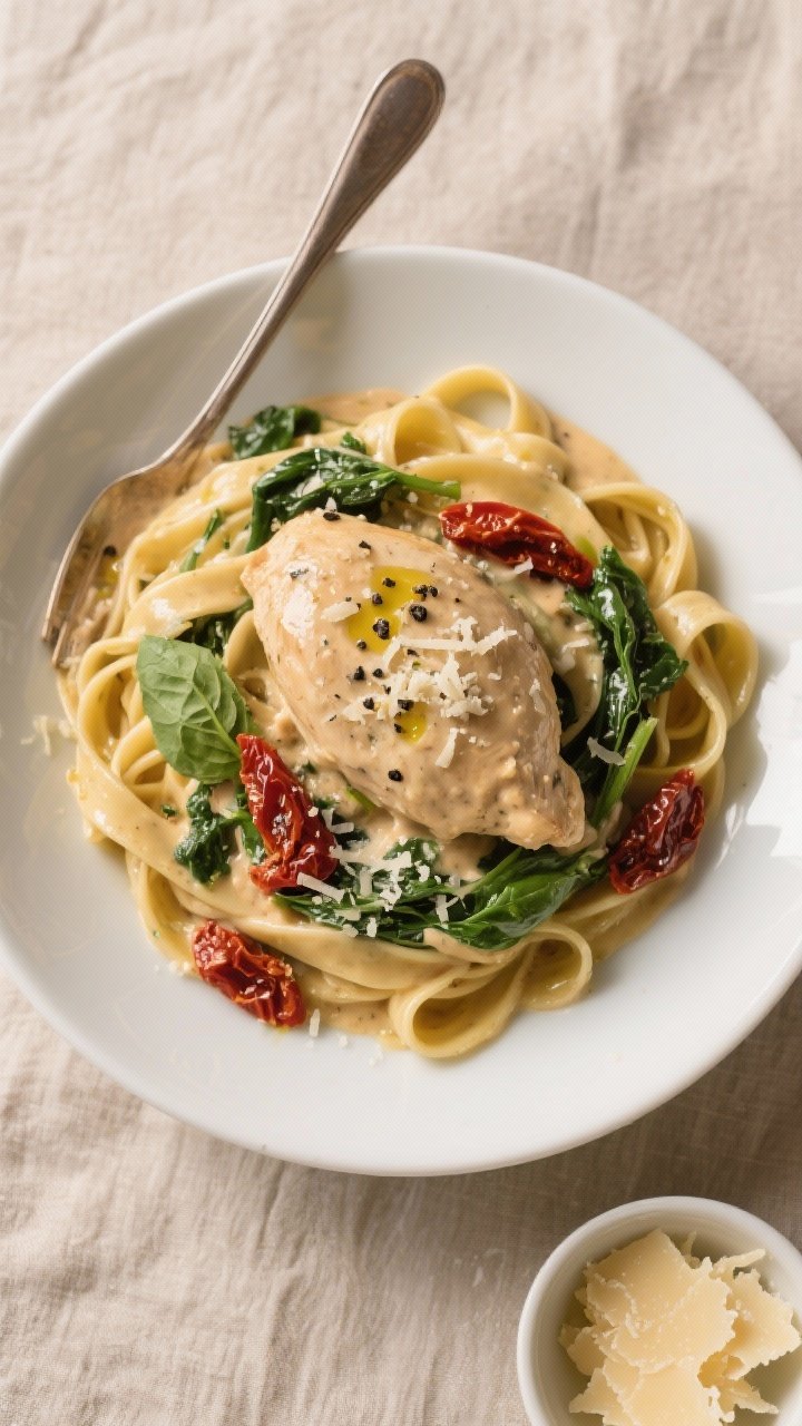Final dish, tasty top view: Overhead shot of Creamy Tuscan Chicken spooned over al dente fettuccine 