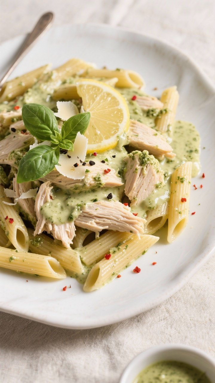 Final dish, tasty top view: Overhead shot of creamy pesto chicken spooned over al dente penne on a w