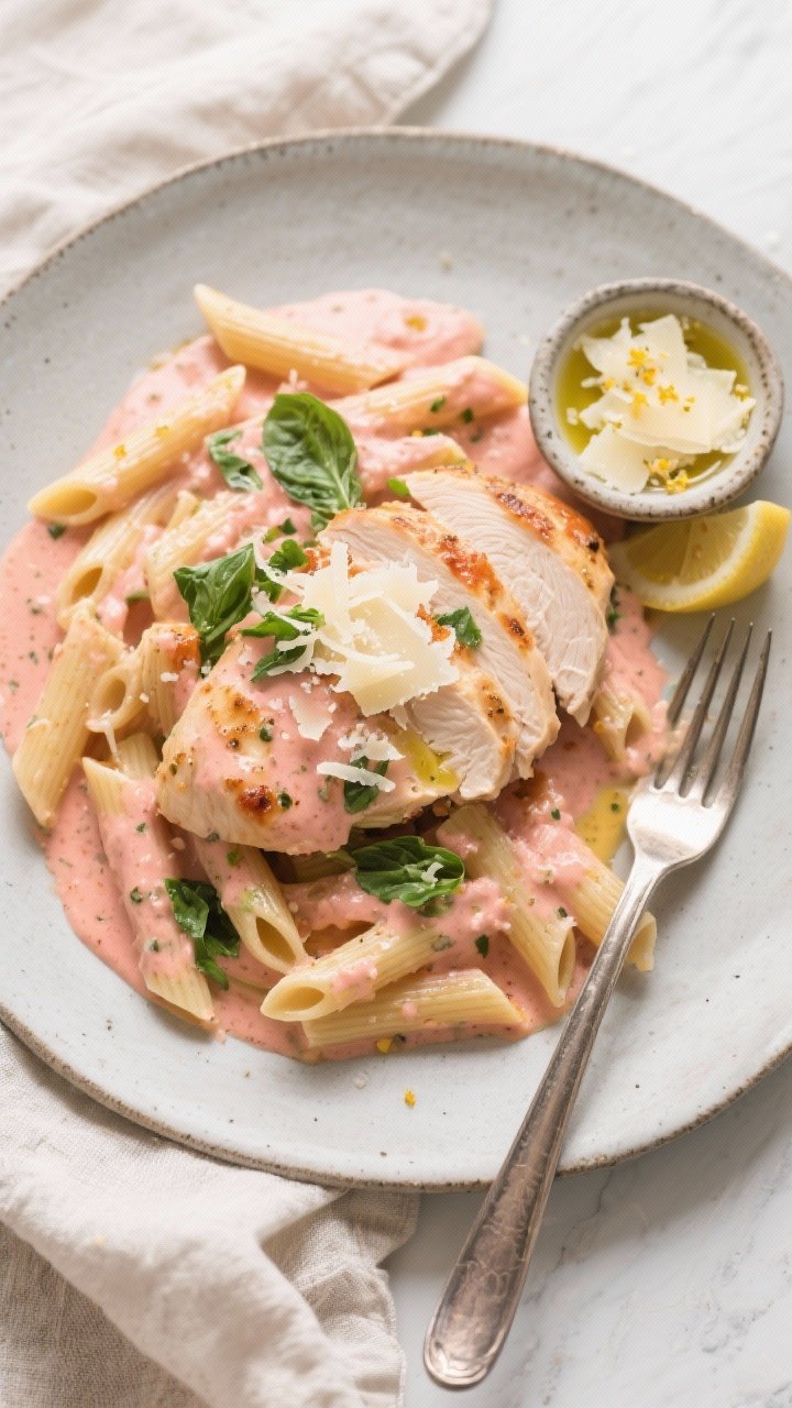 Final dish, tasty top view: Overhead shot of Creamy Tomato Basil Chicken sliced and spooned over al 