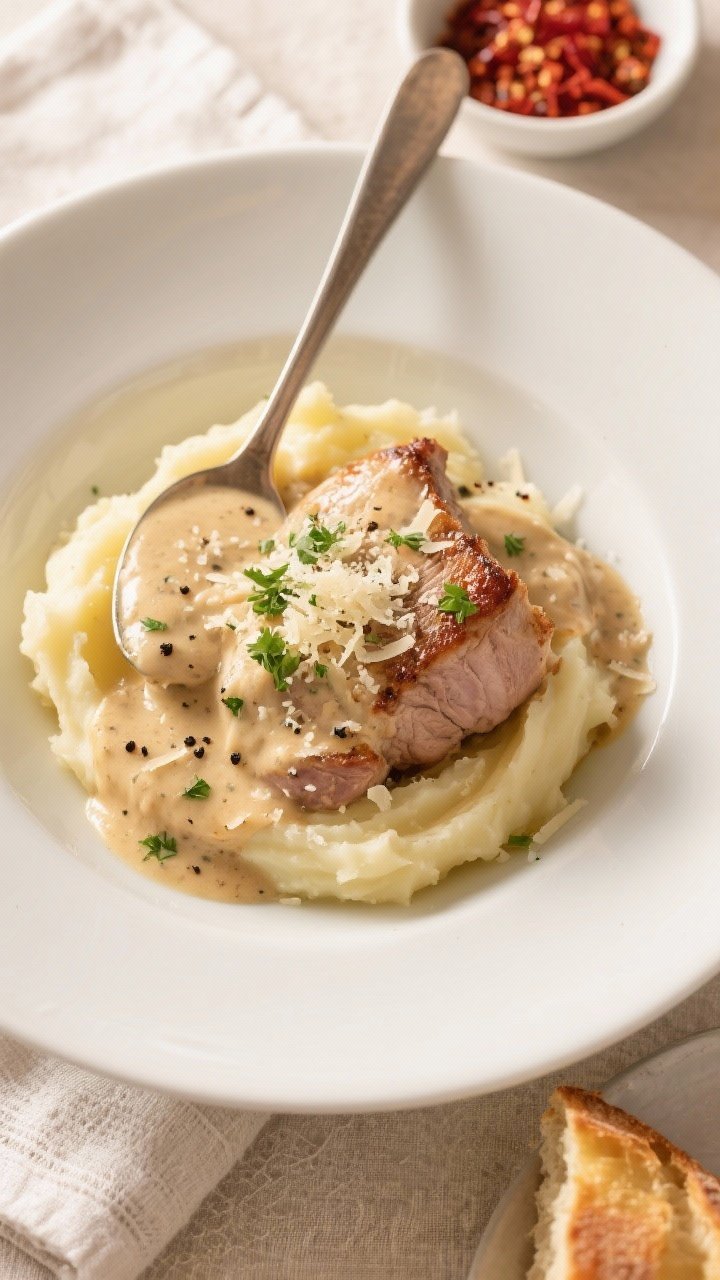 Final dish, tasty top view: Overhead shot of creamy garlic Parmesan pork spooned over buttery mashed