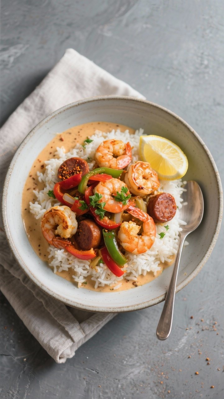 Final dish, tasty top view: Overhead shot of creamy Cajun shrimp and sausage spooned over fluffy whi