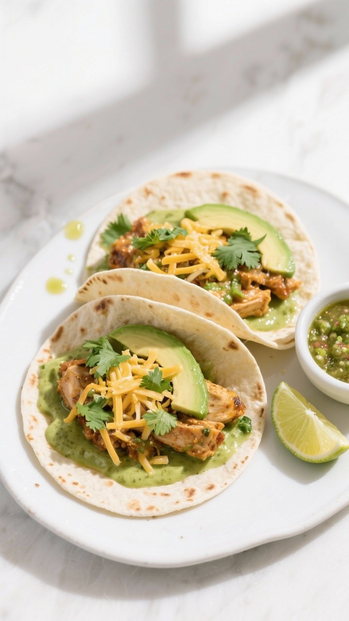 Final dish, tasty top view: Overhead shot of creamy green chile chicken tucked into warm flour torti