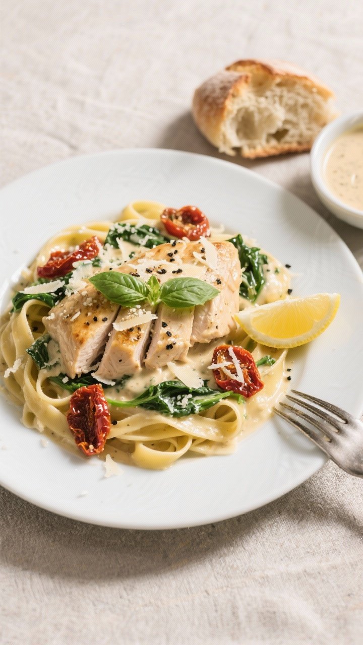 Final dish, tasty top view: Overhead shot of Creamy Tuscan Chicken Skillet plated over buttered tagl