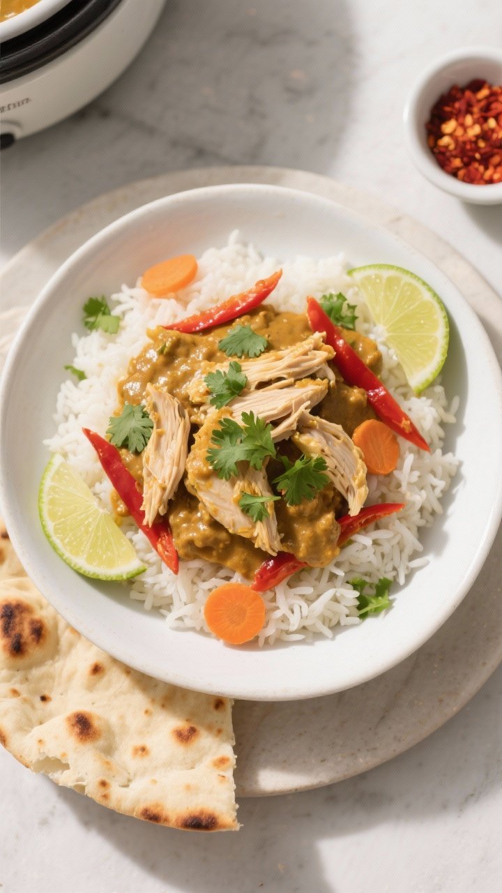 Final dish, tasty top view: Overhead shot of Crockpot Coconut Curry Chicken served over fluffy basma