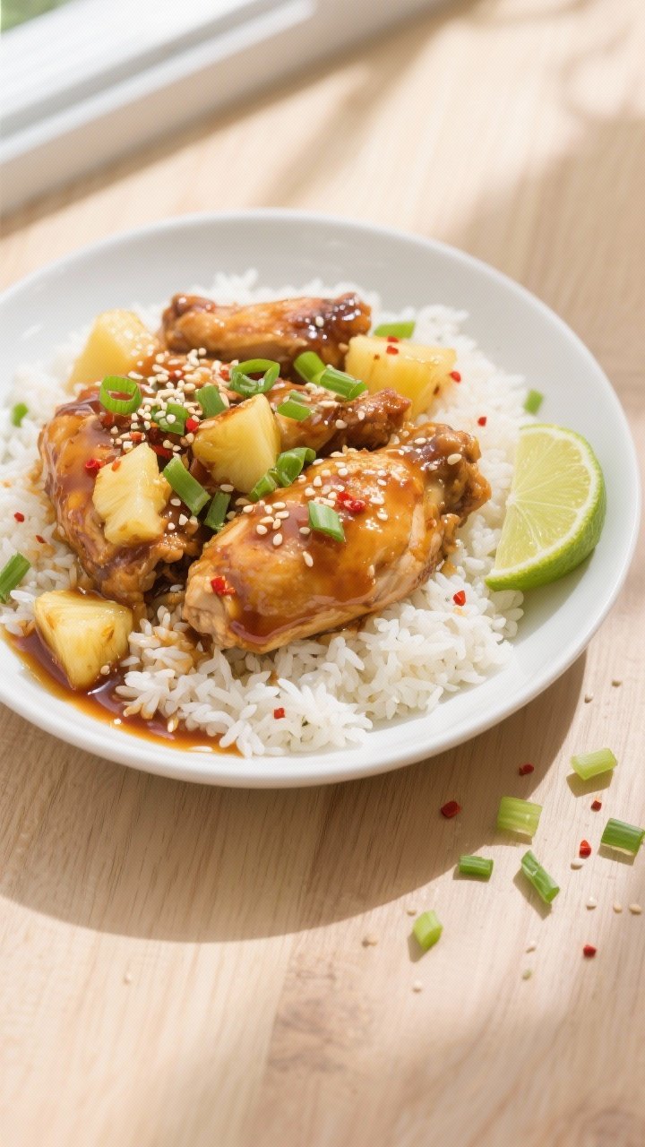 Final dish, tasty top view: Overhead shot of Crockpot Hawaiian Chicken served over fluffy jasmine ri
