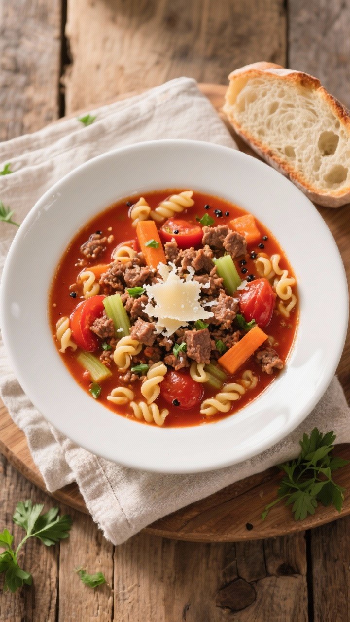 Final dish, tasty top view: Overhead shot of Easy Beef and Tomato Soup ladled into a wide white bowl