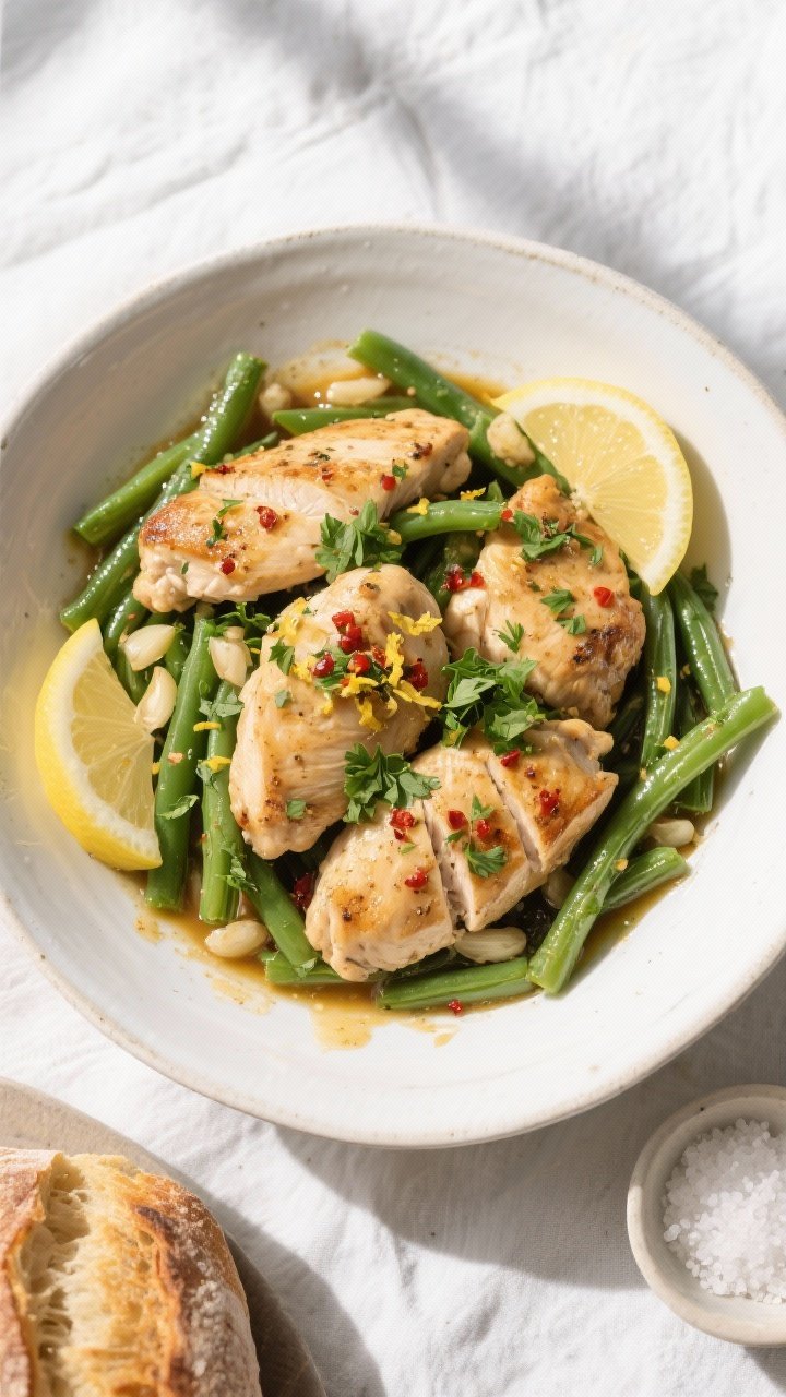 Final dish, tasty top view: Overhead shot of Garlic Herb Chicken & Green Beans plated family-style i