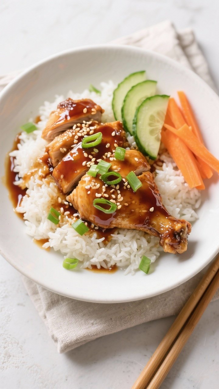 Final dish, tasty top view: Overhead shot of Honey Garlic Chicken served over fluffy steamed jasmine
