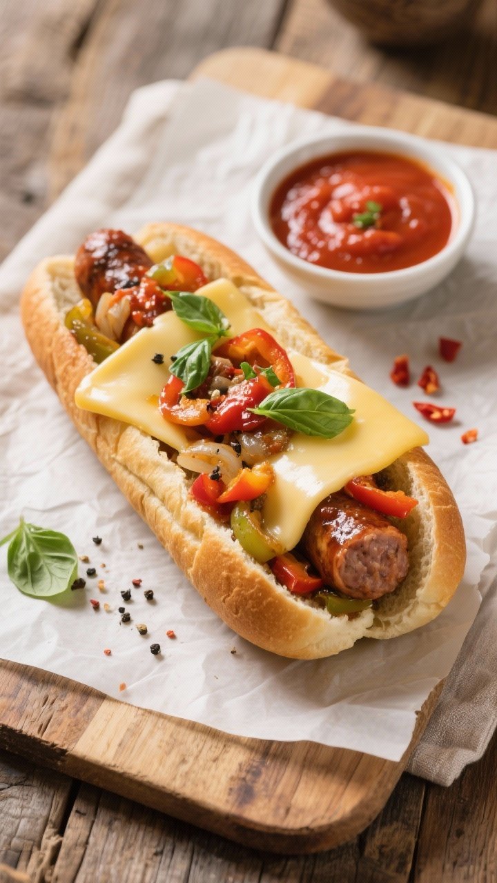 Final dish, tasty top view: Overhead shot of Italian sausage and peppers piled into toasted hoagie r