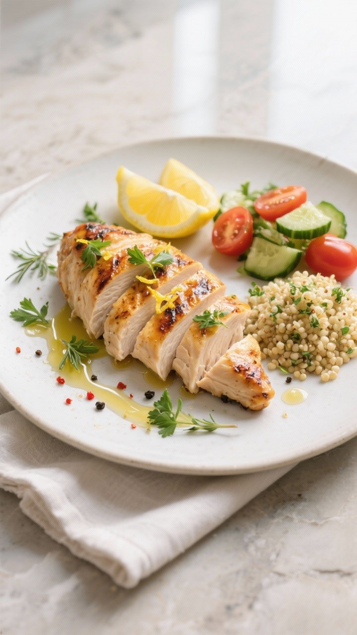 Final dish, tasty top view: Overhead shot of Lemon Herb Grilled Chicken Delight sliced against the g
