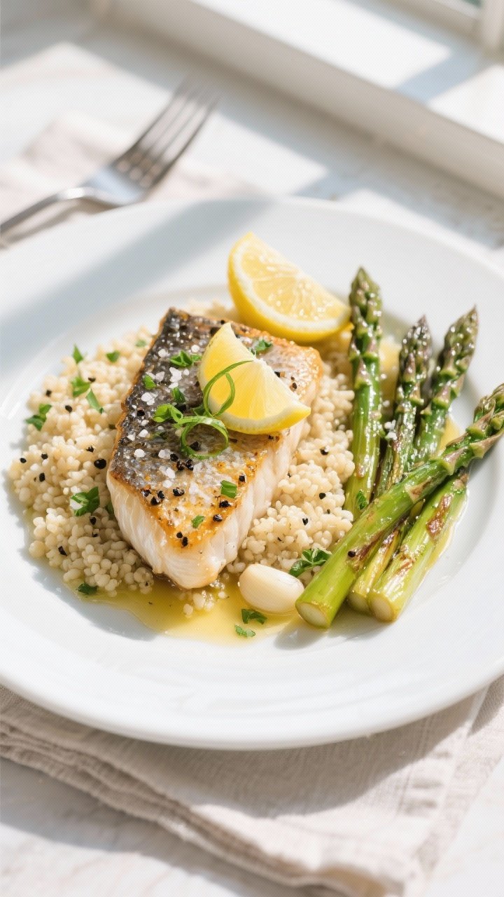 Final dish, tasty top view: Overhead shot of Lemon Pepper Tilapia plated on a white ceramic dinner p