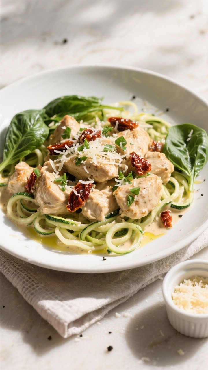 Final dish, tasty top view: Overhead shot of Low Carb Marry Me Chicken plated family-style in a wide