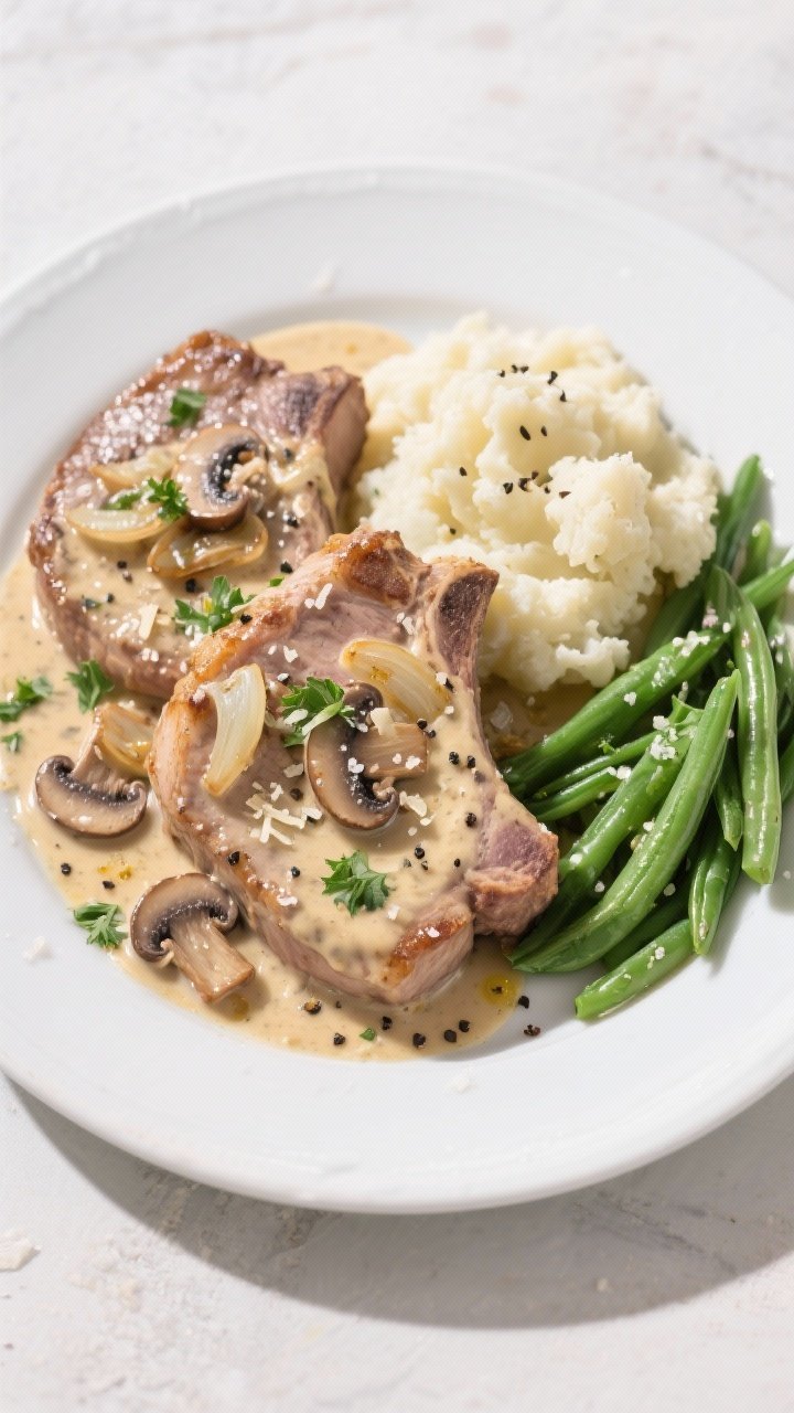 Final dish, tasty top view: Overhead shot of low carb creamy mushroom pork plated on a wide white ce